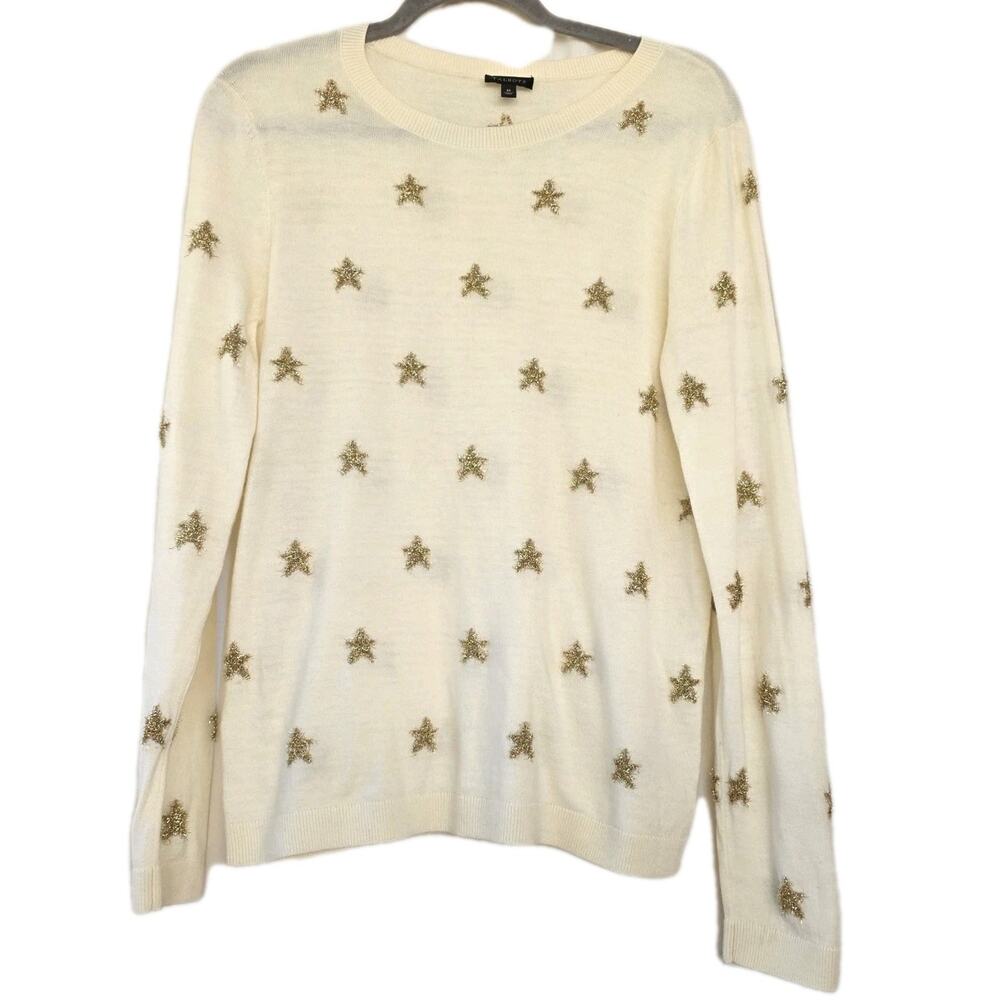 Talbots Women’s M Cream Gold Star Sweater Metallic Detail Lambswool‎ Blend Knit